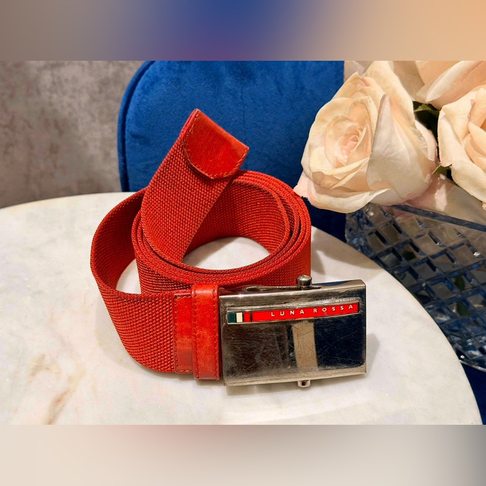 PRADA LUNA ROSSA RED NYLON LEATHER TRIM SILVER HW BUCKLE BELT SIZE 105/42